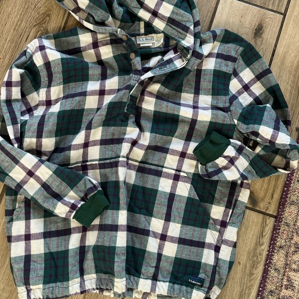 LL Bean kids Hoodie L Blue Plaid Hooded Pullover Cotton